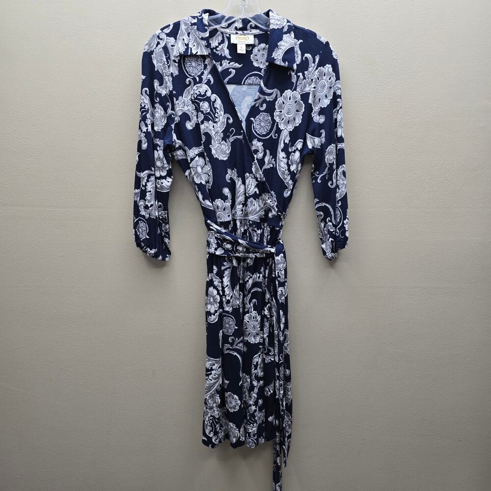 Vintage Talbots Floral 3/4 Sleeve Faux Wrap Dress Cocktail Party Blue Gray SZ 6